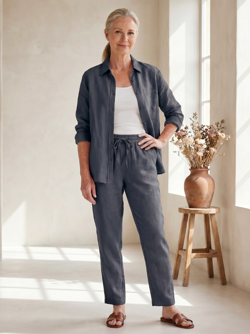 Women's Linen Two Piece Set — Cecily Button-Front Tapered Drawstring