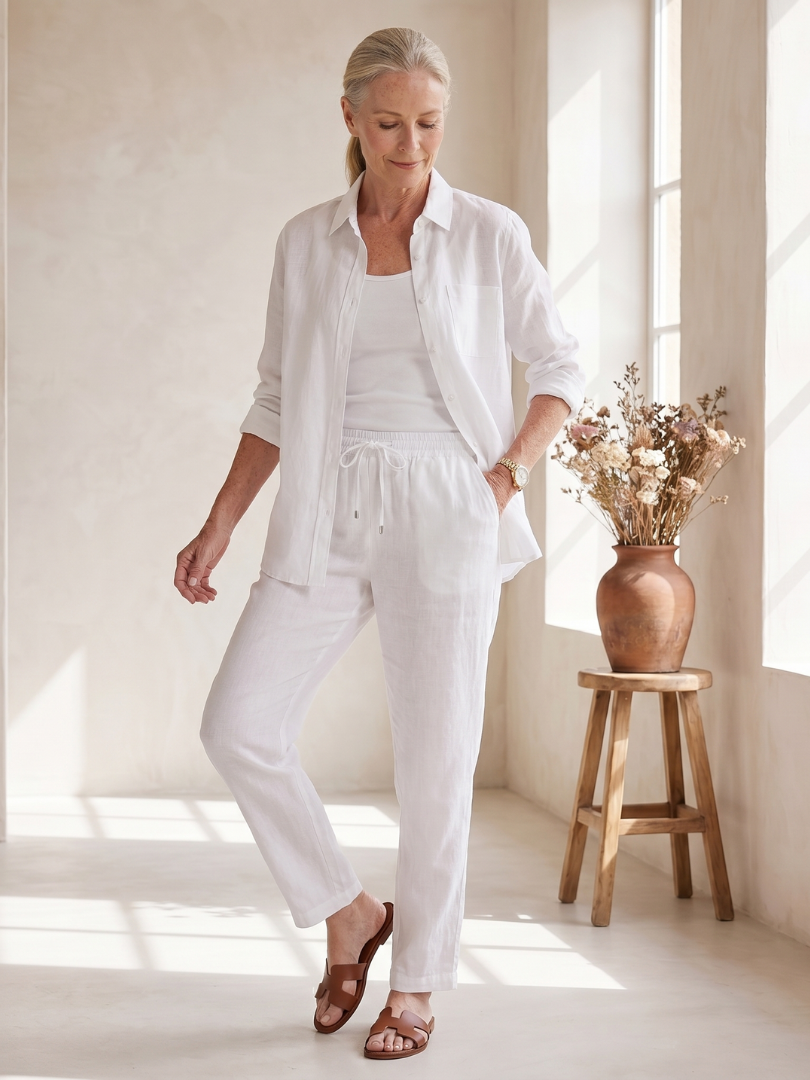 Women's Linen Two Piece Set — Cecily Button-Front Tapered Drawstring