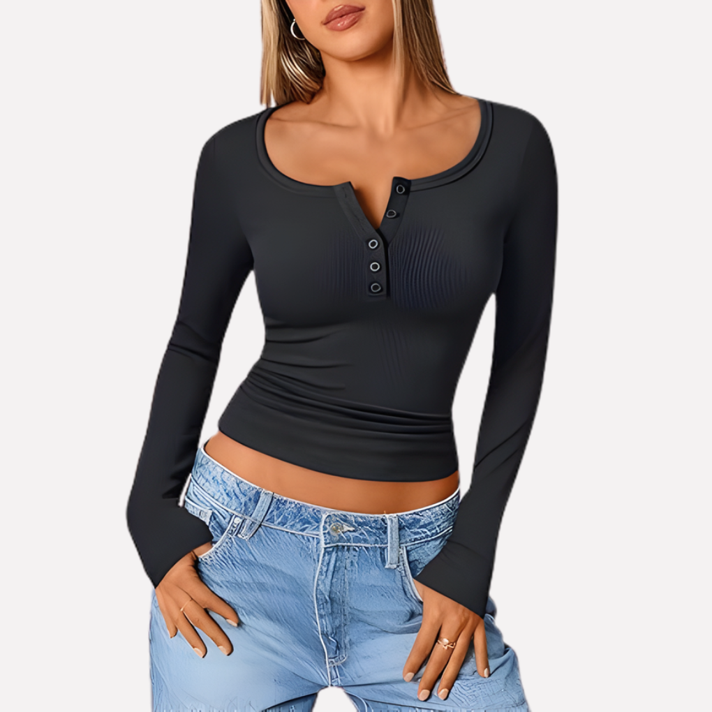 Dark Gray Gray Women's Long Sleeve Henley Top — June Ribbed Button-Front Fitted