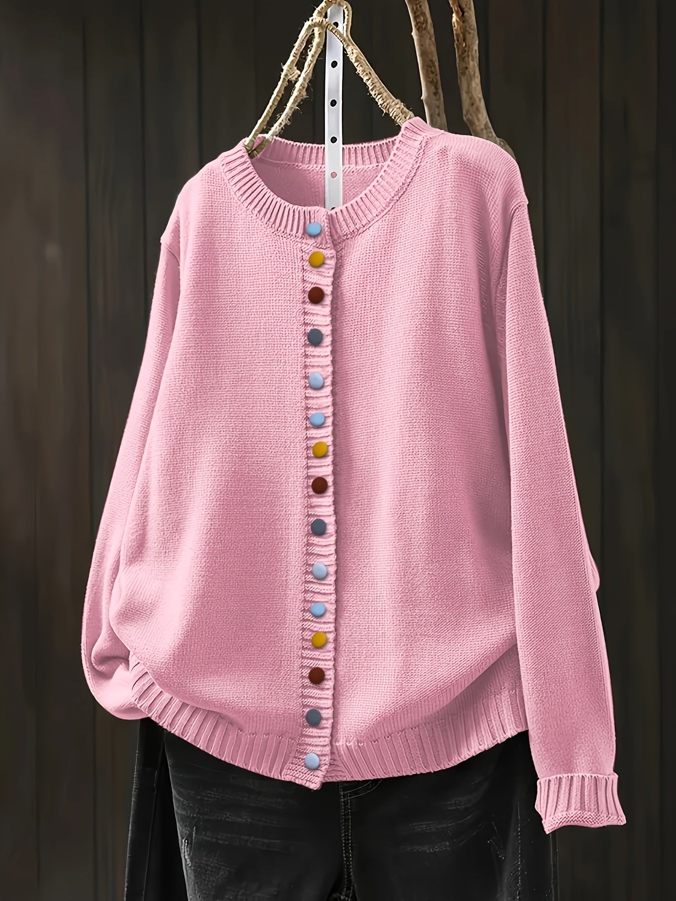 Light Pink Women's Button-Front Knit Cardigan — Aida Oversized Rainbow-Button Crew Neck