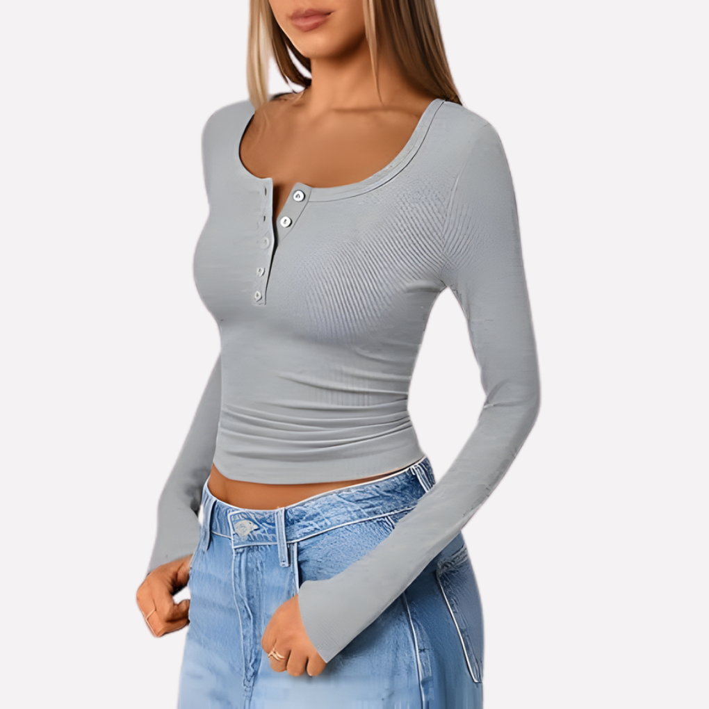 Heather Grey Women's Long Sleeve Henley Top — June Ribbed Button-Front Fitted