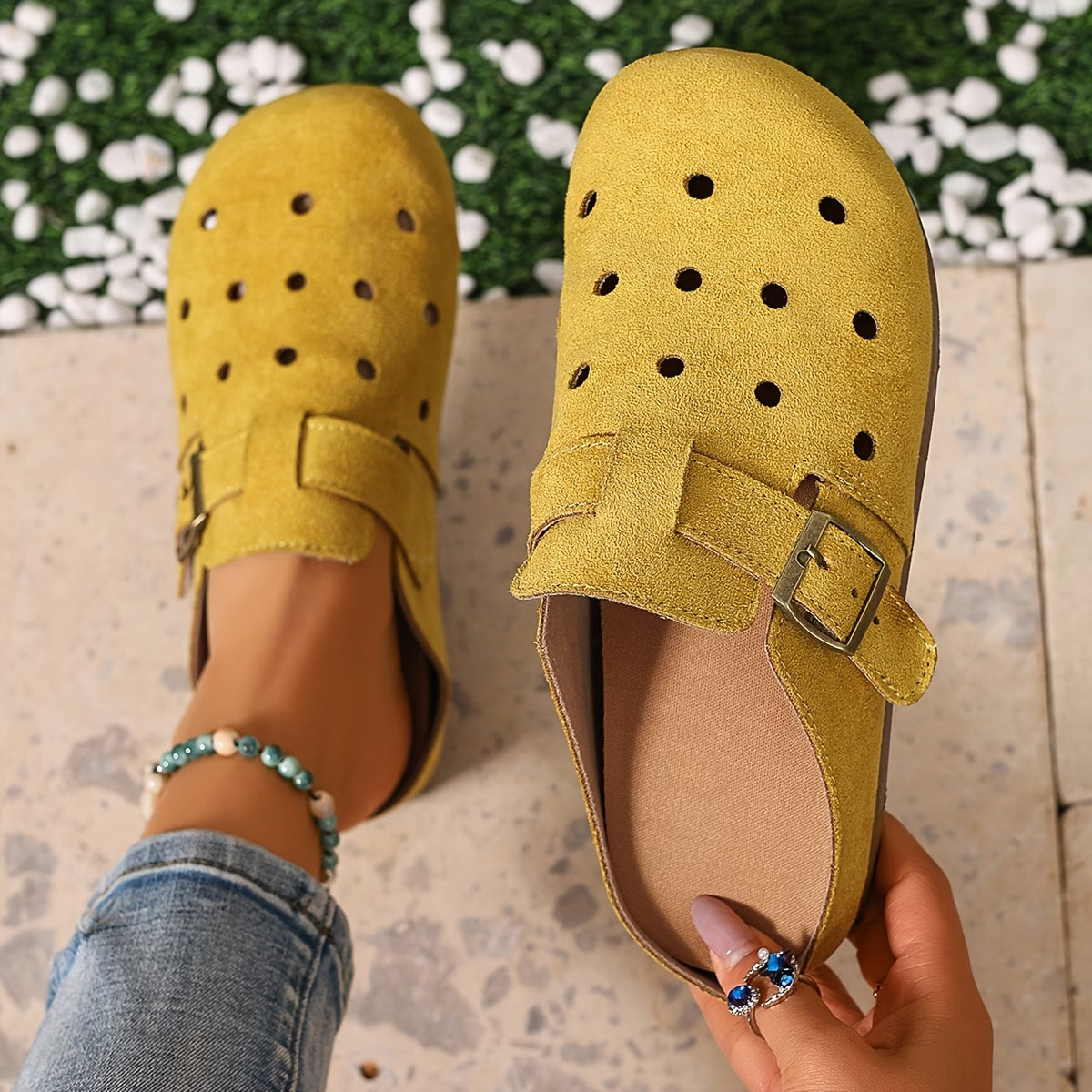 Yellow Women's Suede Garden Clogs — Octavia Everyday Buckle Perforated