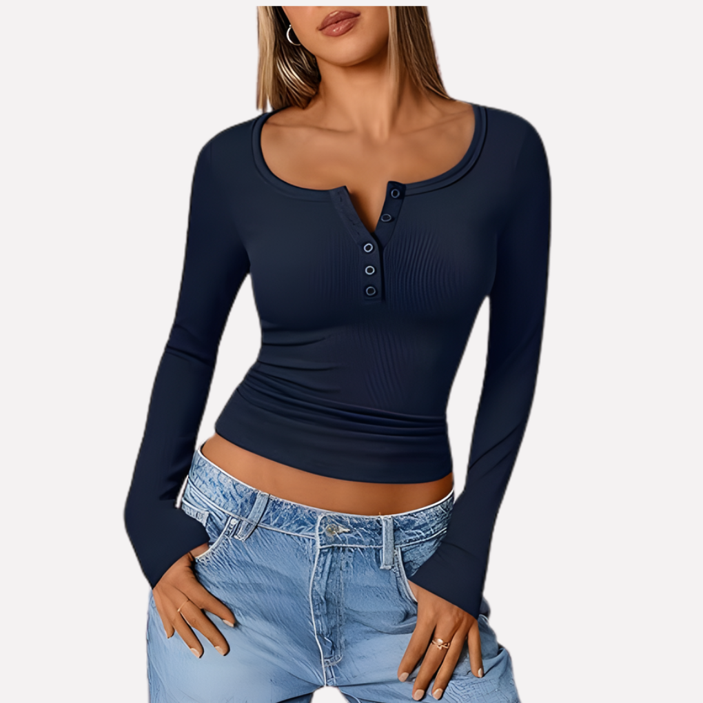 Navy Blue Women's Long Sleeve Henley Top — June Ribbed Button-Front Fitted