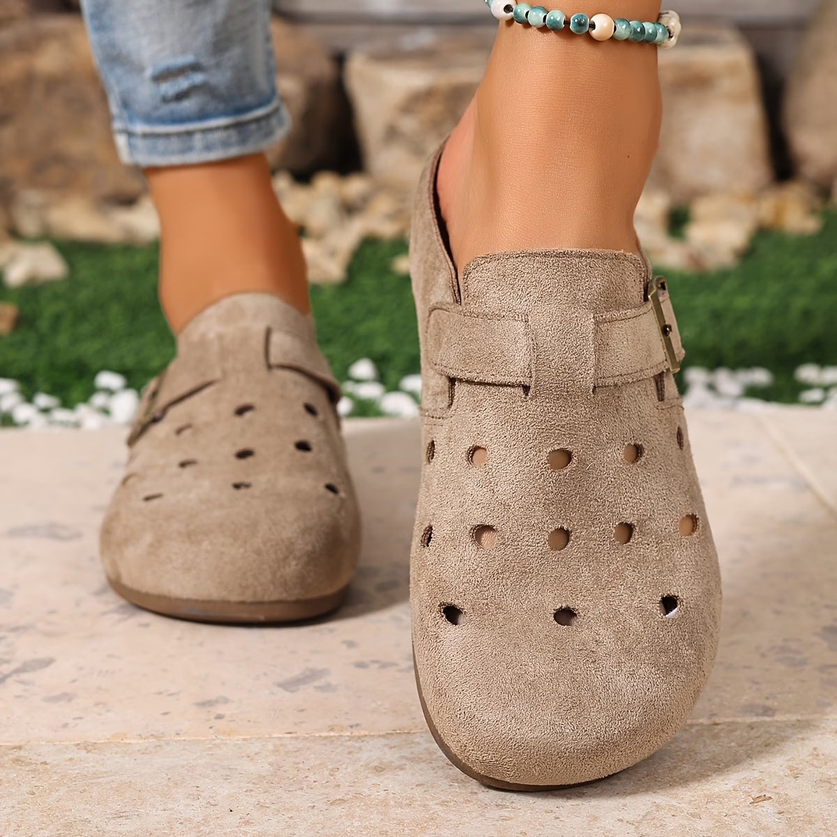 Beige Women's Suede Garden Clogs — Octavia Everyday Buckle Perforated