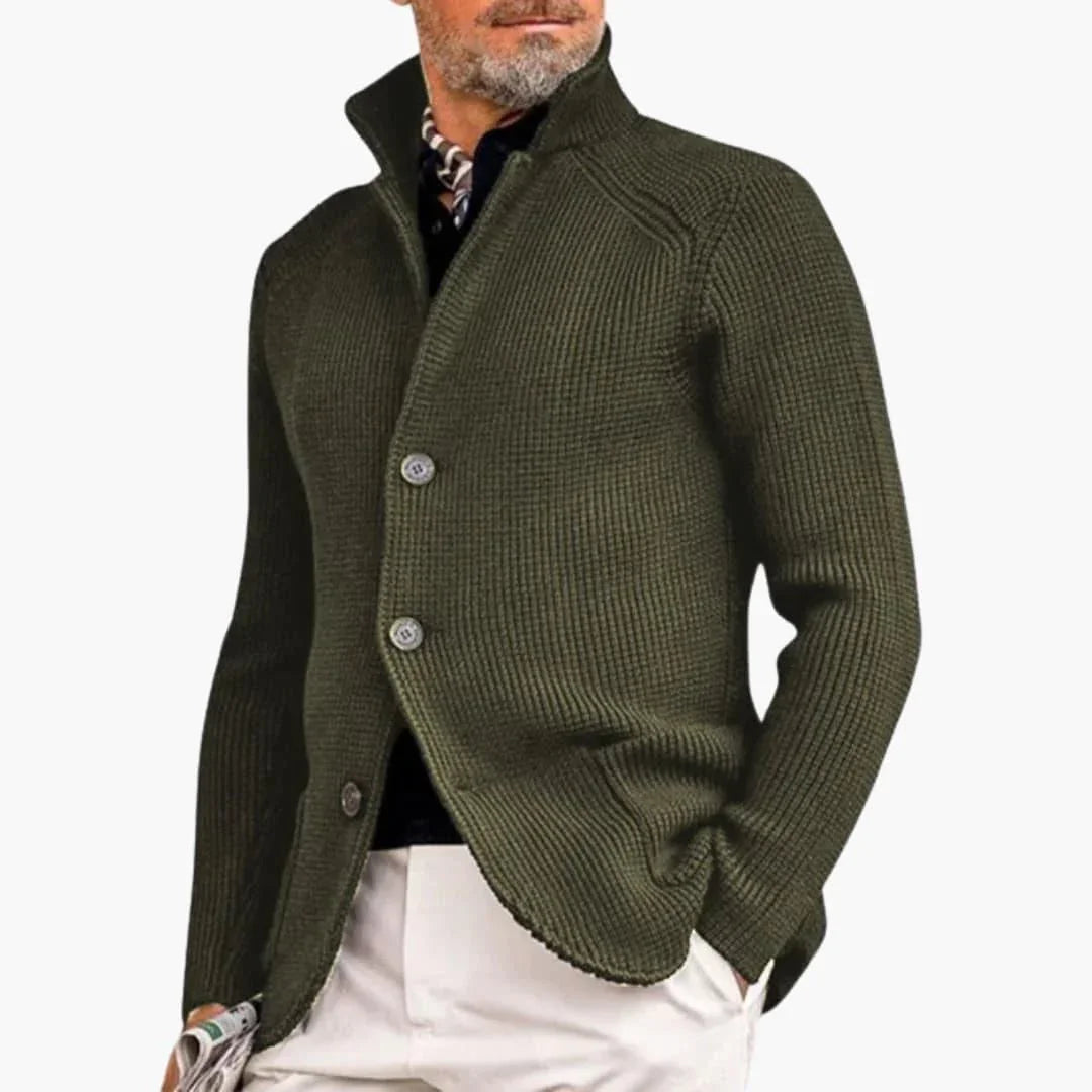 Army Green Men's Ribbed Knit Button Cardigan — Dexter Relaxed Stand-Collar Layering