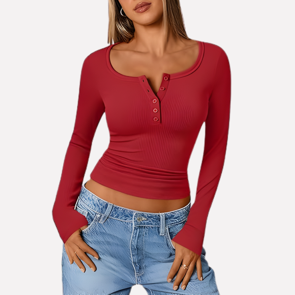 Red Women's Long Sleeve Henley Top — June Ribbed Button-Front Fitted