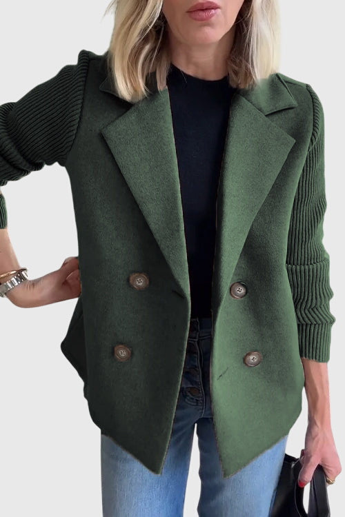 Green Women's Double-Breasted Blazers — Isabella Contrast-Sleeve Notched Lapel