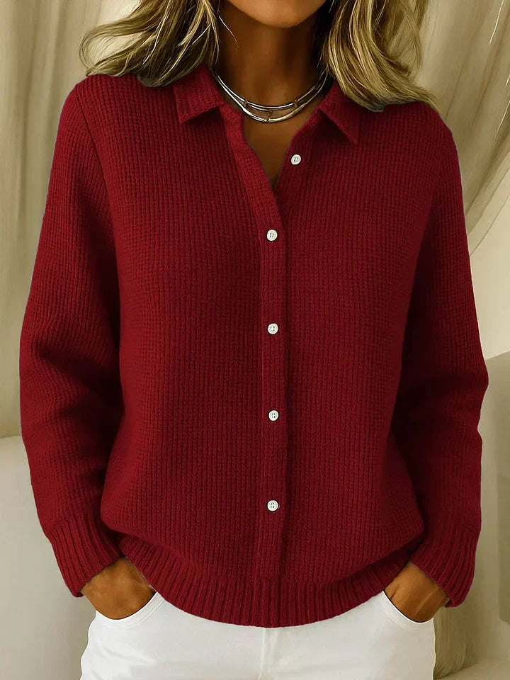 Dark Red Red Women's Button-Front Knit Cardigan — Liv Waffle-Knit Collared Oversized