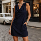 Navy Women's Cowl Neck Mini Dress — Tess Relaxed-Fit Shift with Pockets