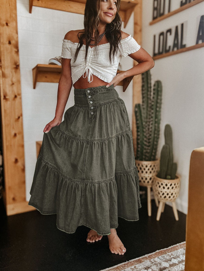 Army Green Women's Denim Maxi Skirt — Ophelia Flowy Button-Front High-Waisted