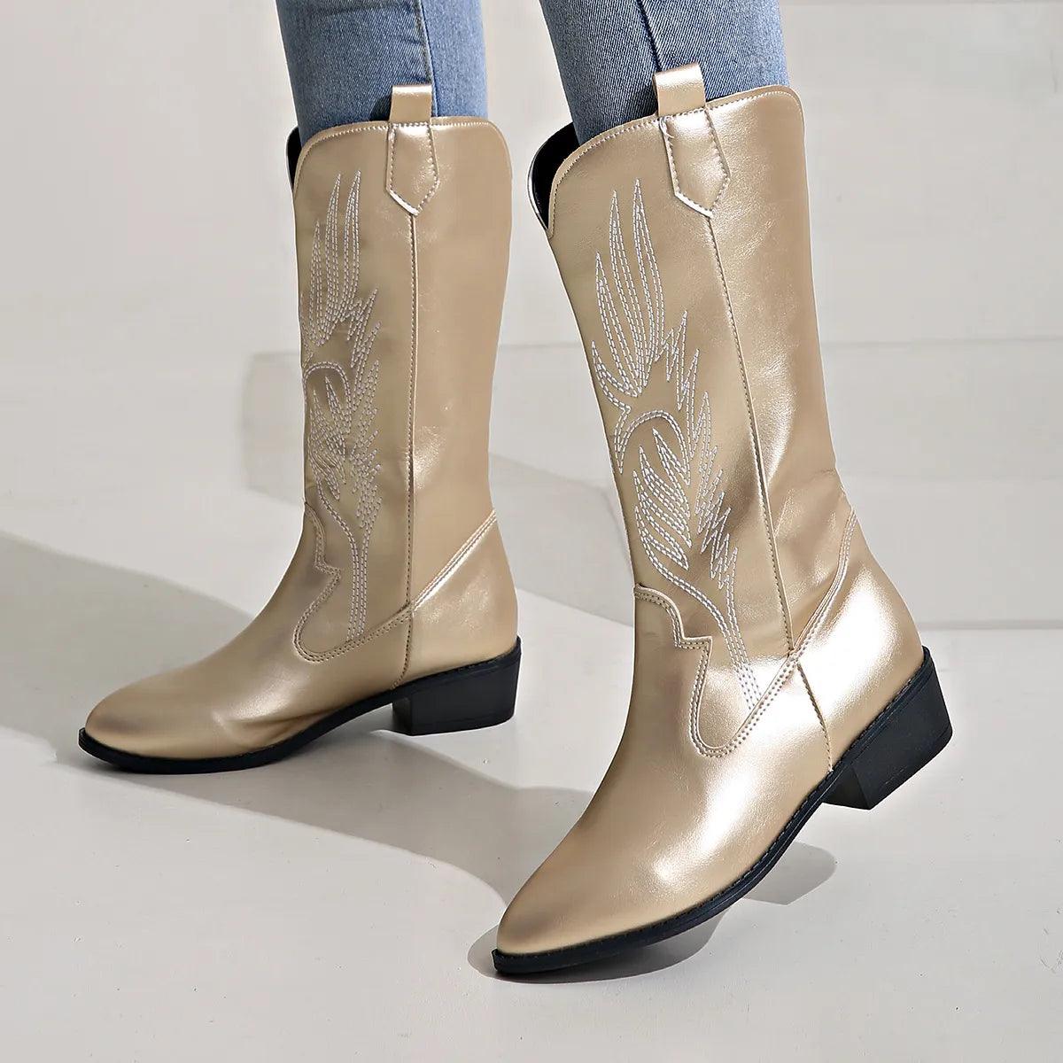 Gold Women's Embroidered Western Boots — Eleanor Everyday Pointed-Toe Pull-On