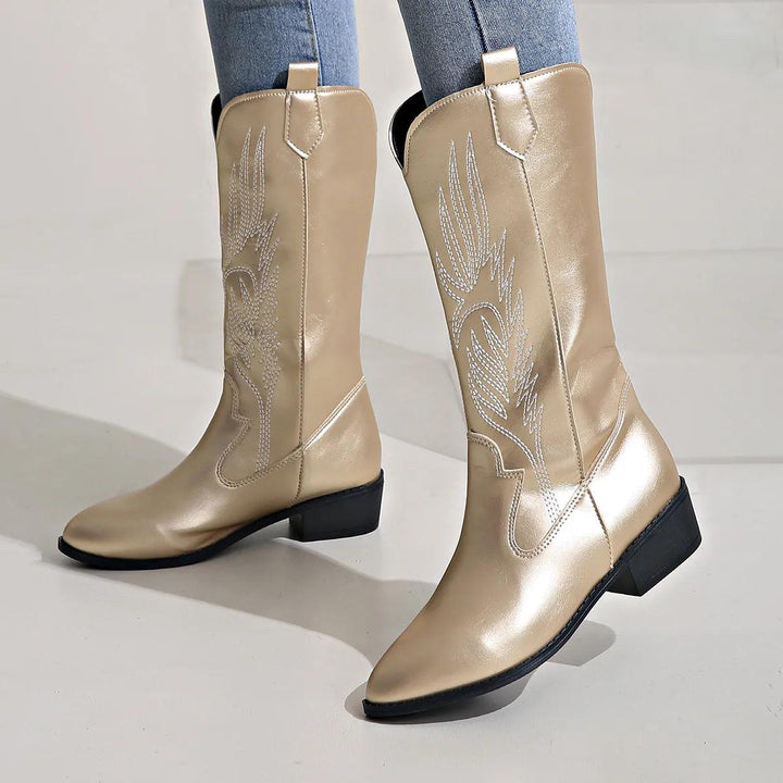 Gold Women's Embroidered Western Boots — Eleanor Everyday Pointed-Toe Pull-On