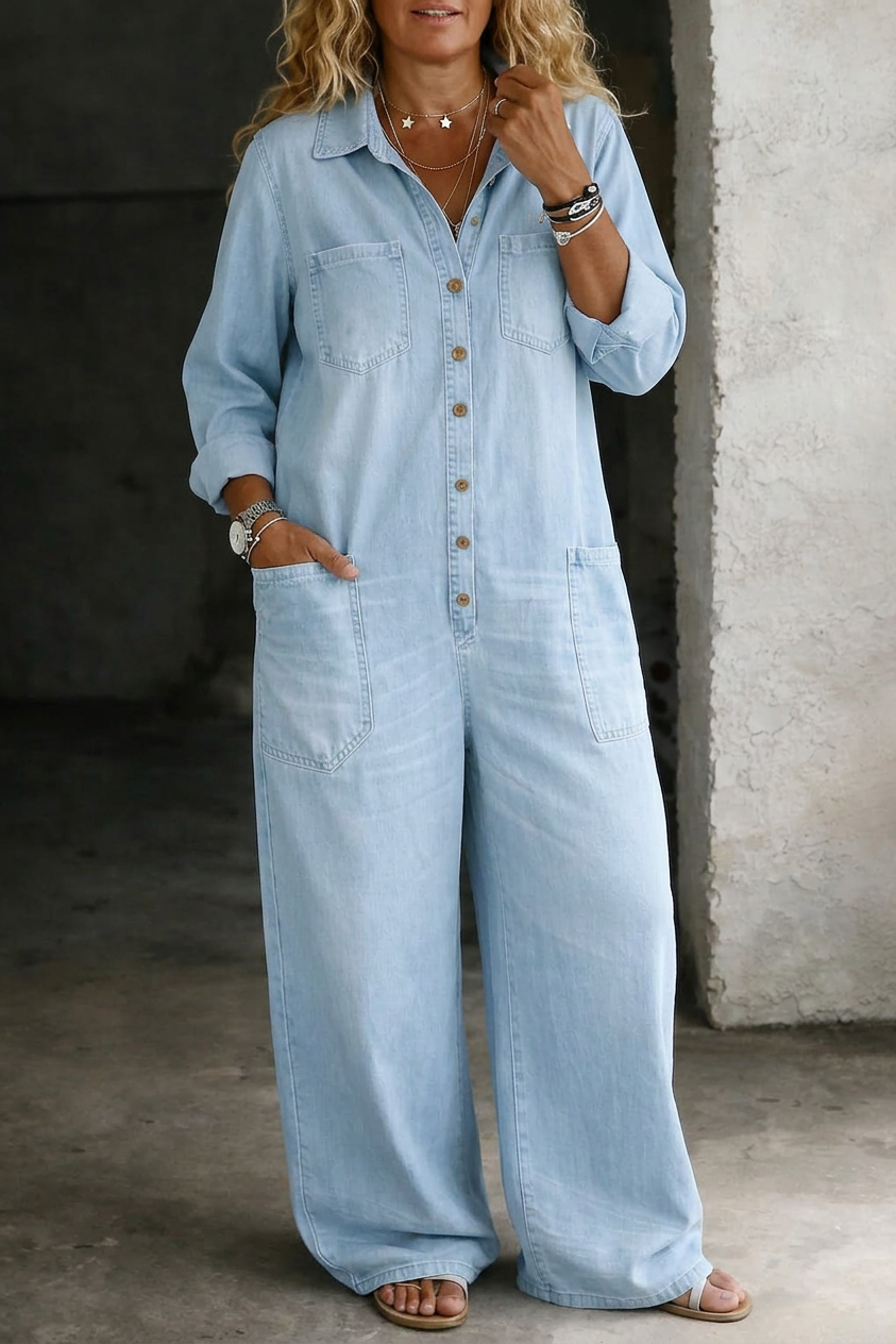 Light Blue Women's Denim Button-Front Jumpsuits — Hattie Chambray Wide-Leg Pockets