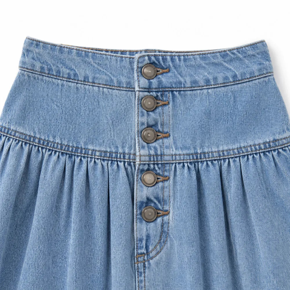 Women's Tiered Denim Maxi Skirt — Emma Boho Button-Front High-Waisted