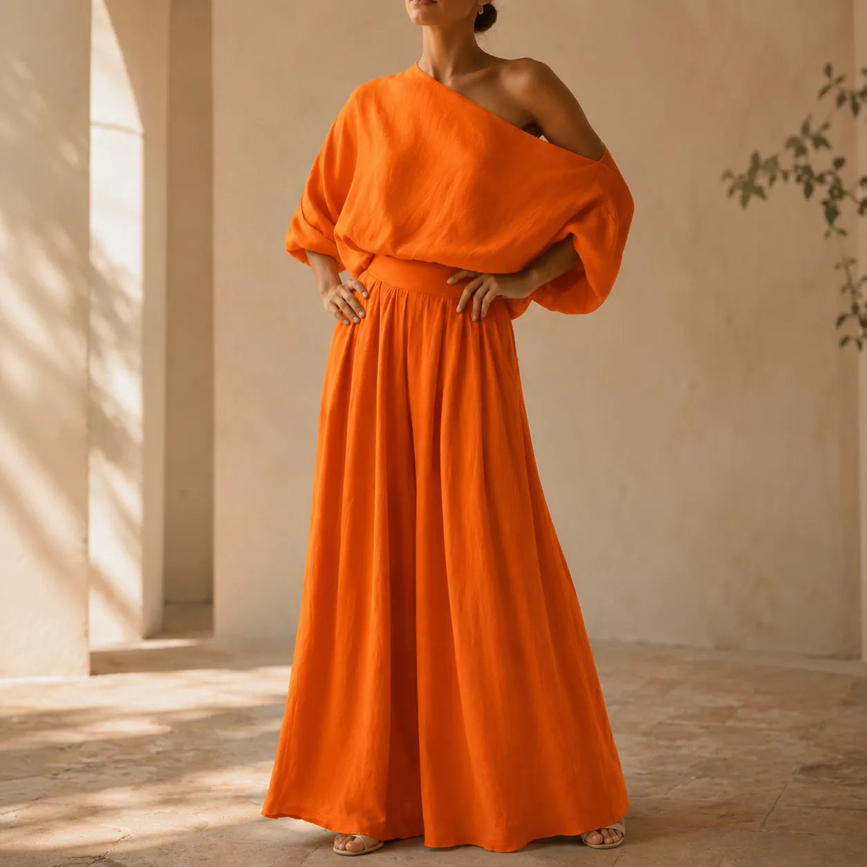 Women's One-Shoulder Two Piece Set — Rosalind Wide-Leg Palazzo Pockets