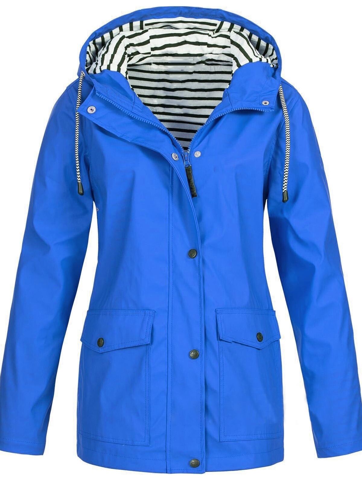 Light Blue Women's Rain Jacket With Hood — Siobhan Waterproof Striped-Lined Drawstring