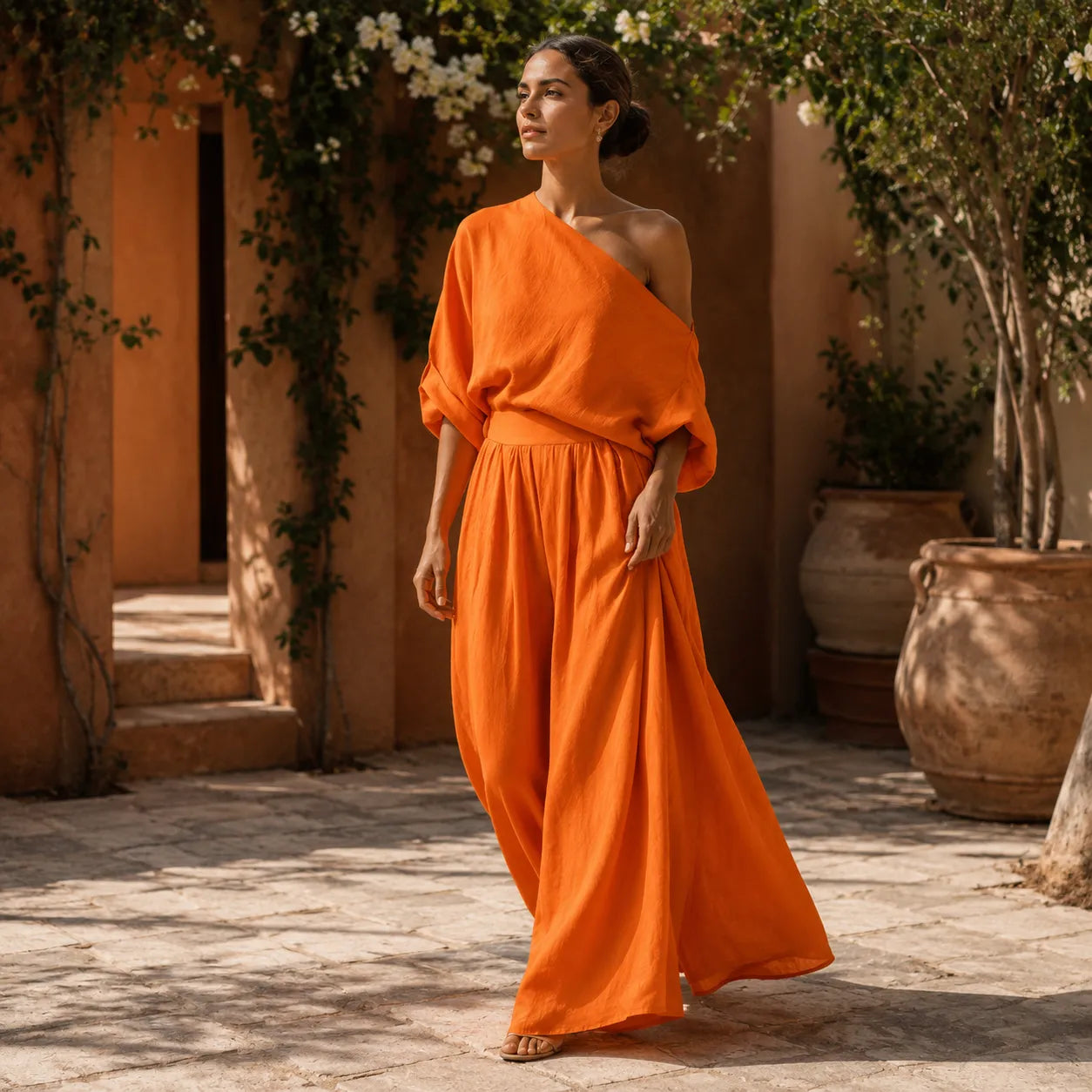 Women's One-Shoulder Two Piece Set — Rosalind Wide-Leg Palazzo Pockets