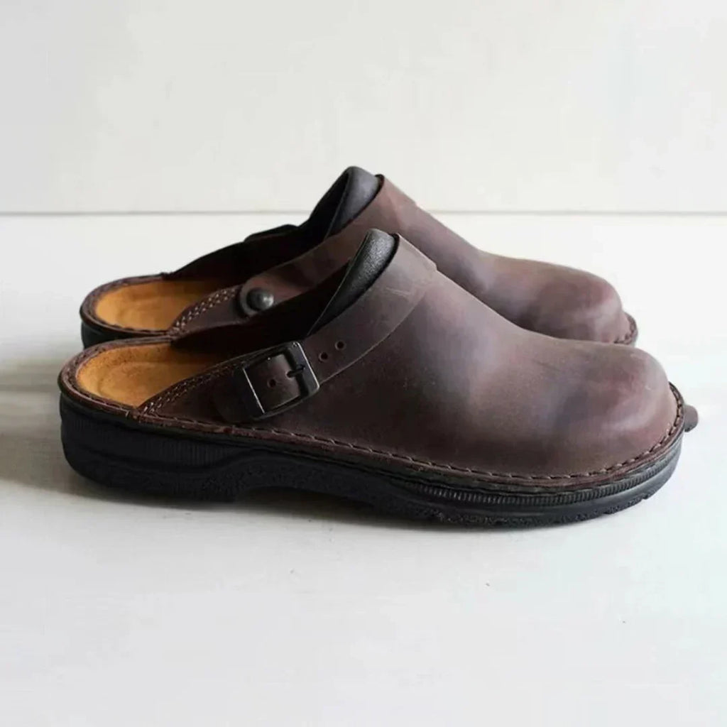 Dark Brown Men's Faux Leather Buckle Strap Clogs — Theo Everyday Slip-On Comfort