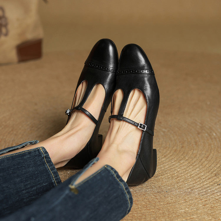 Women's T-Strap Leather Ballet Flats — Ellen Cushioned Buckle Mary Jane