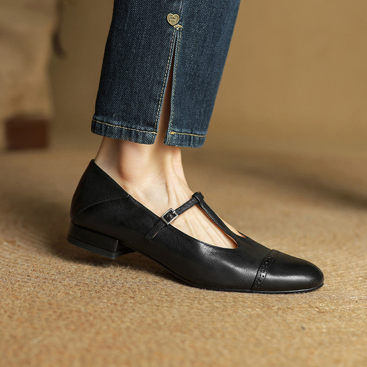 Women's T-Strap Leather Ballet Flats — Ellen Cushioned Buckle Mary Jane