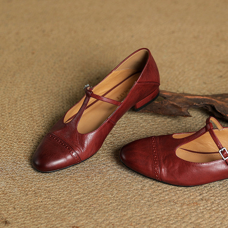 Women's T-Strap Leather Ballet Flats — Ellen Cushioned Buckle Mary Jane