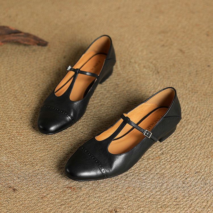 Women's T-Strap Leather Ballet Flats — Ellen Cushioned Buckle Mary Jane