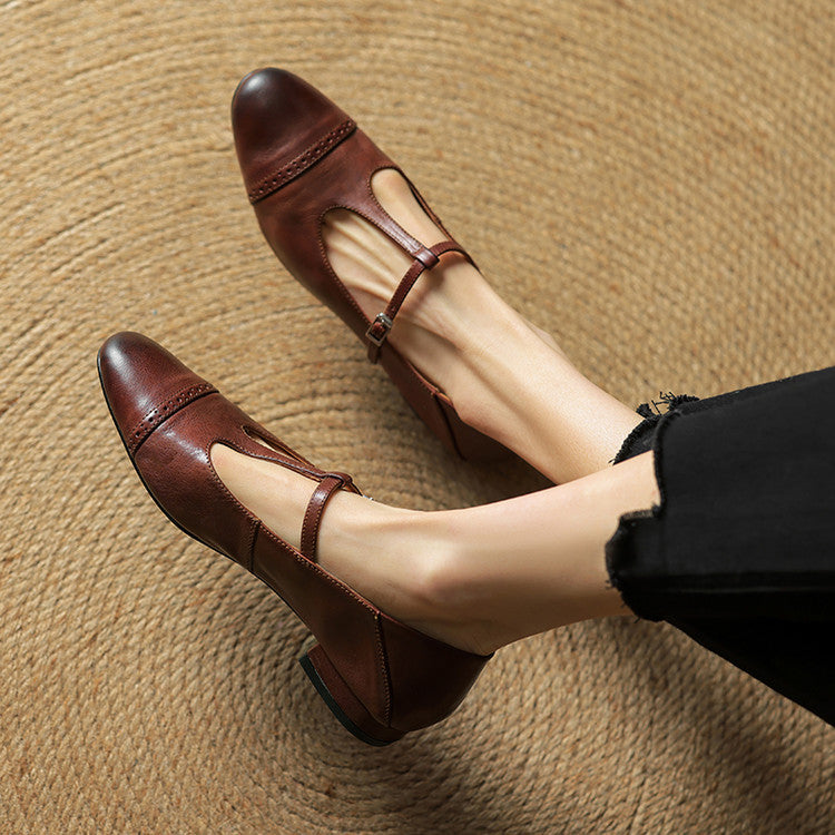 Women's T-Strap Leather Ballet Flats — Ellen Cushioned Buckle Mary Jane
