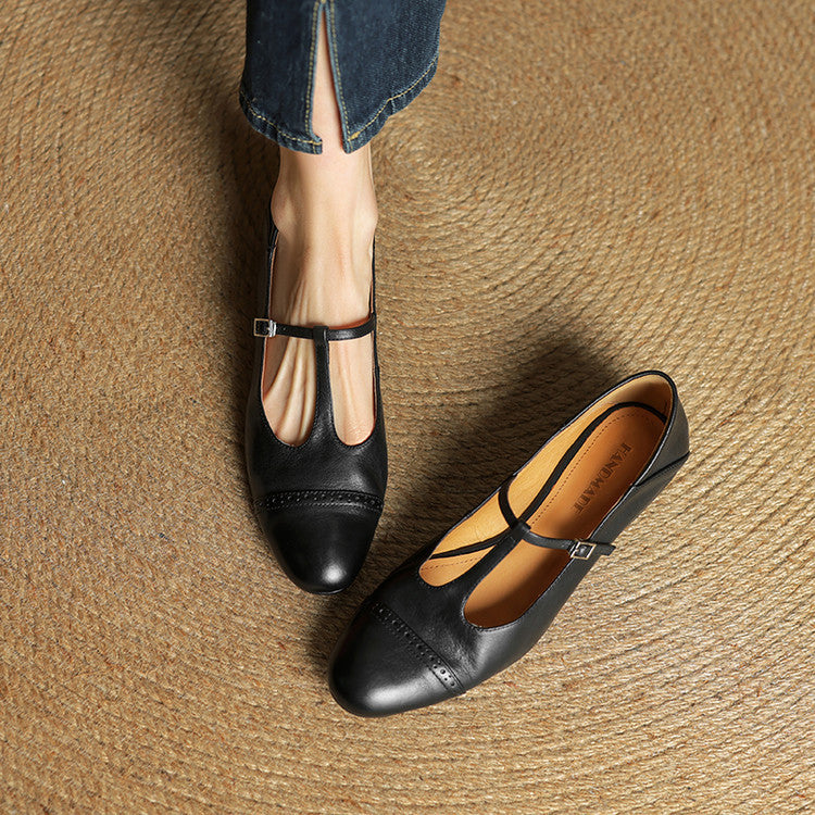 Women's T-Strap Leather Ballet Flats — Ellen Cushioned Buckle Mary Jane