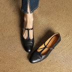 Women's T-Strap Leather Ballet Flats — Ellen Cushioned Buckle Mary Jane