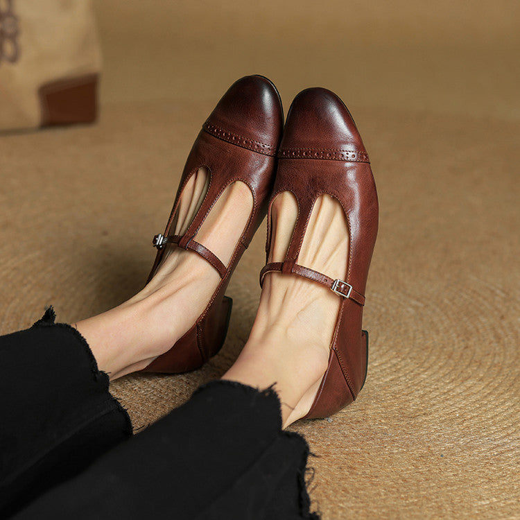 Women's T-Strap Leather Ballet Flats — Ellen Cushioned Buckle Mary Jane