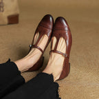 Women's T-Strap Leather Ballet Flats — Ellen Cushioned Buckle Mary Jane