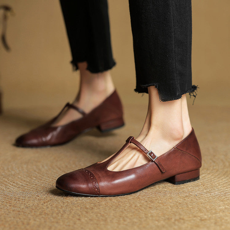 Women's T-Strap Leather Ballet Flats — Ellen Cushioned Buckle Mary Jane