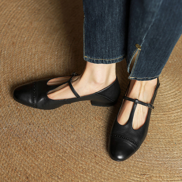 Women's T-Strap Leather Ballet Flats — Ellen Cushioned Buckle Mary Jane