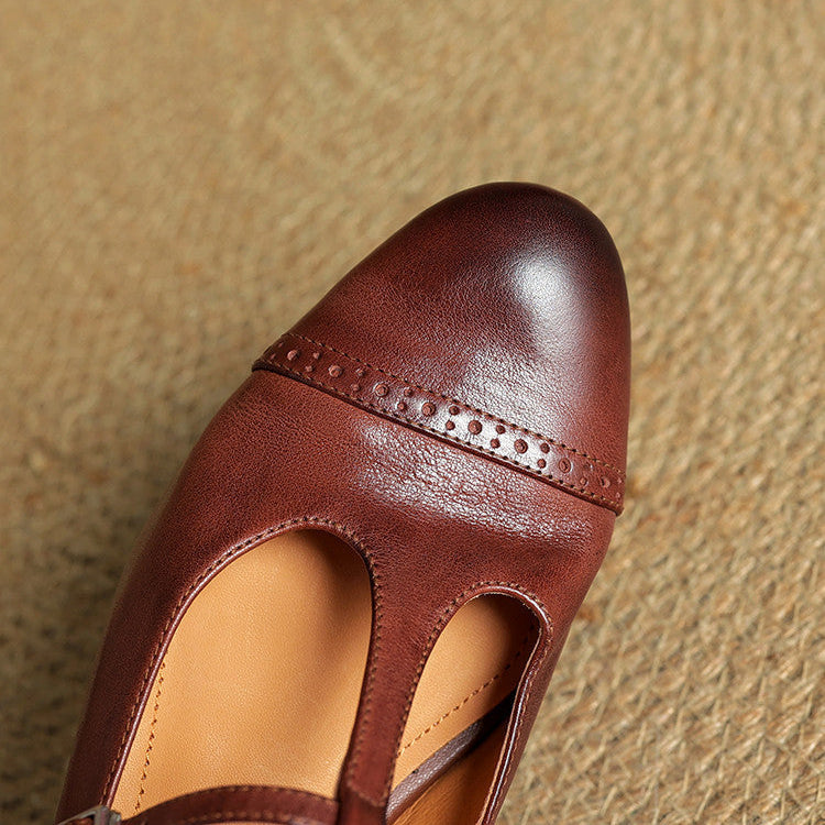 Women's T-Strap Leather Ballet Flats — Ellen Cushioned Buckle Mary Jane