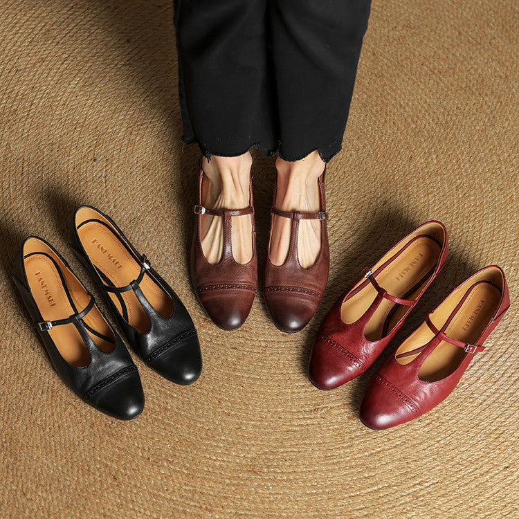 Women's T-Strap Leather Ballet Flats — Ellen Cushioned Buckle Mary Jane