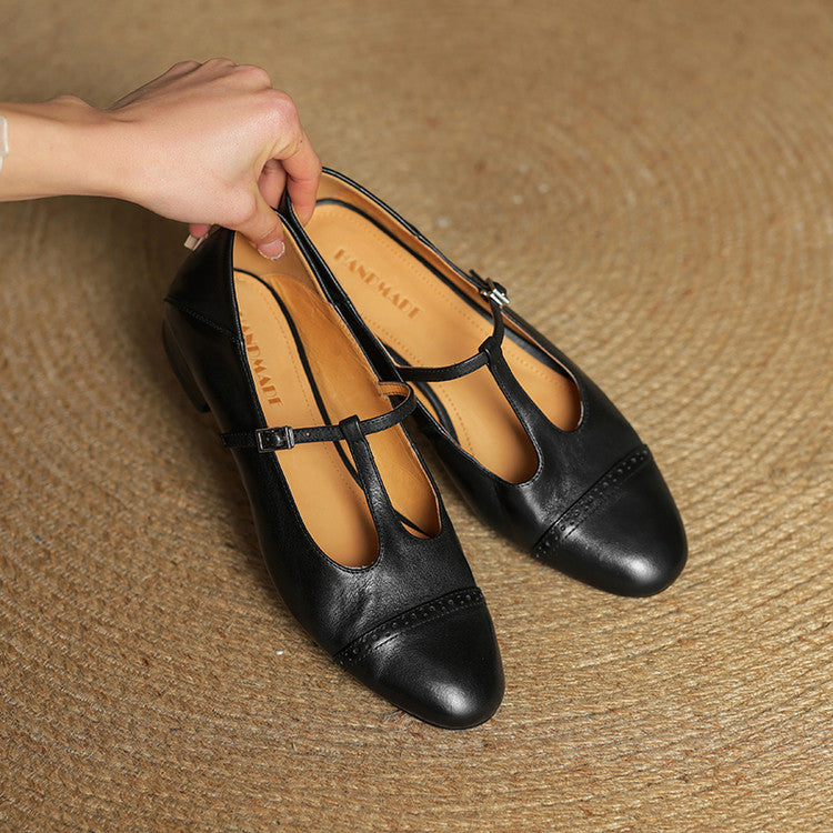 Women's T-Strap Leather Ballet Flats — Ellen Cushioned Buckle Mary Jane