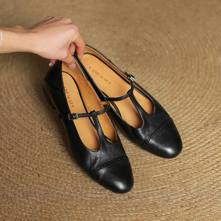 Women's T-Strap Leather Ballet Flats — Ellen Cushioned Buckle Mary Jane