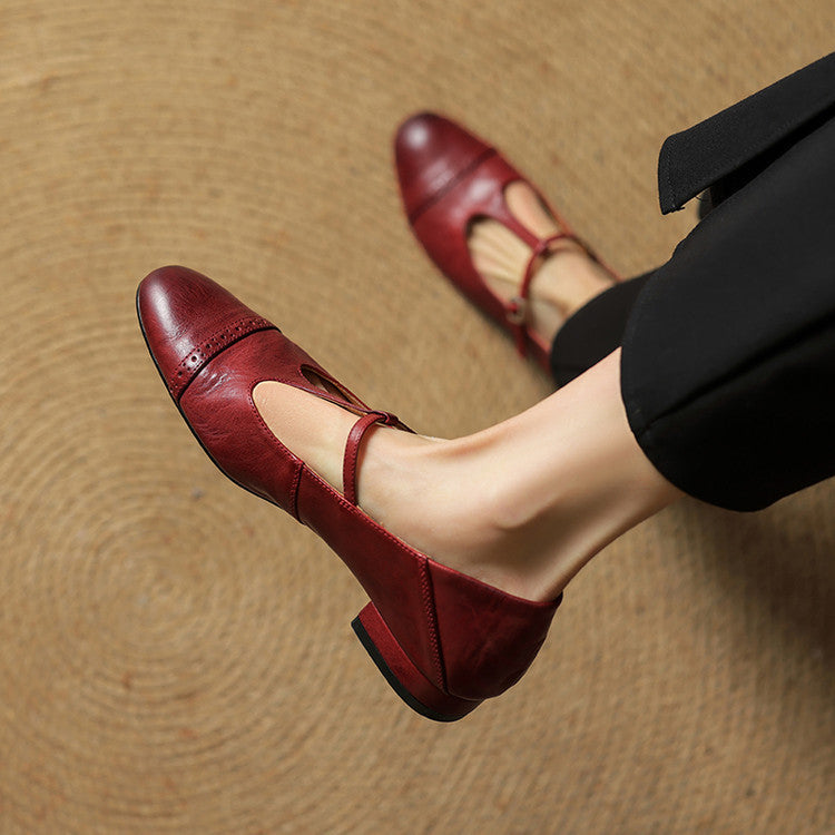 Women's T-Strap Leather Ballet Flats — Ellen Cushioned Buckle Mary Jane