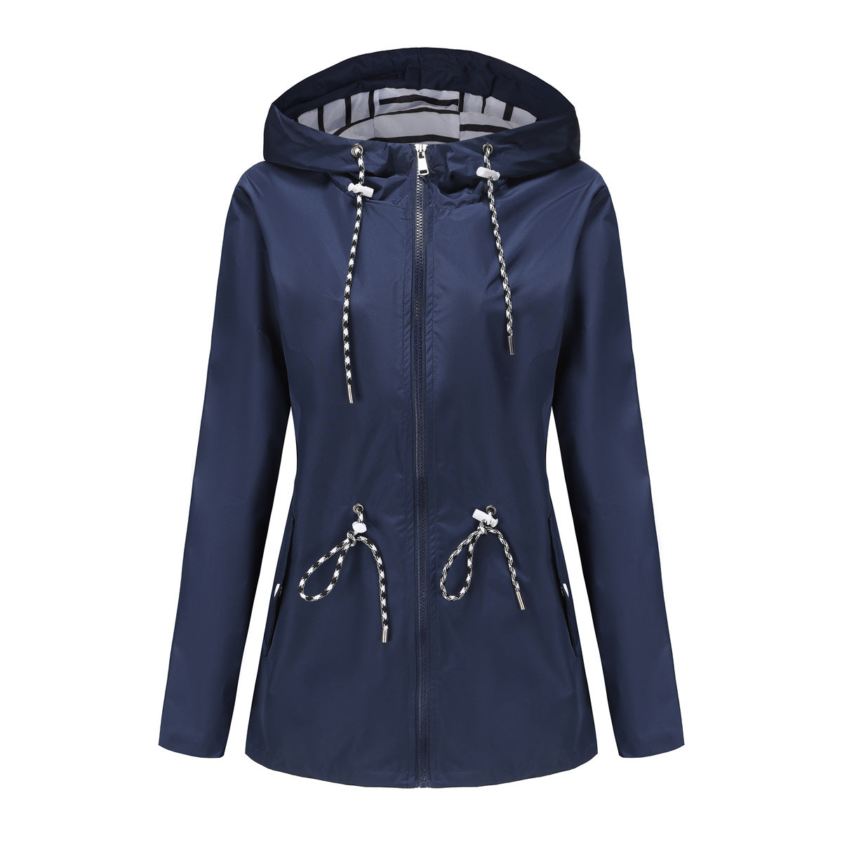Dark Blue Blue Women's Rain Jacket With Hood — Molly Waterproof Drawstring Zip-Up