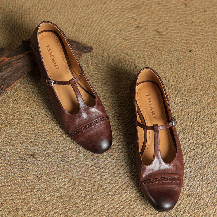 Women's T-Strap Leather Ballet Flats — Ellen Cushioned Buckle Mary Jane