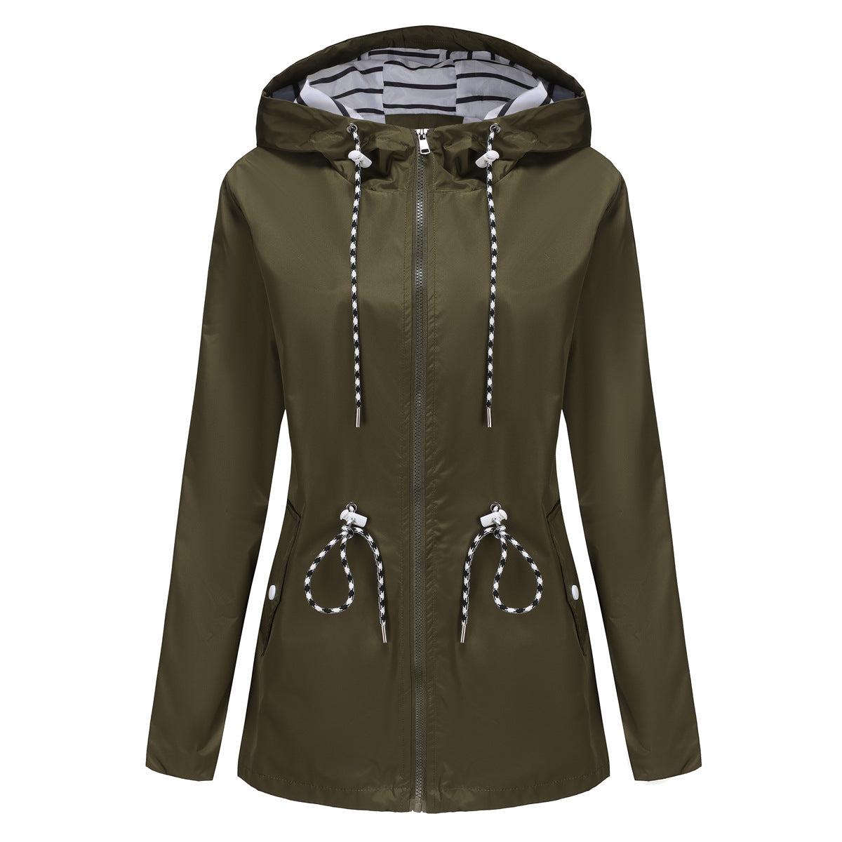 Green Women's Rain Jacket With Hood — Molly Waterproof Drawstring Zip-Up