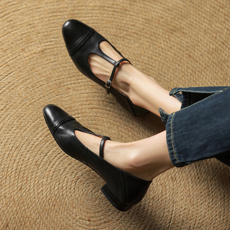 Women's T-Strap Leather Ballet Flats — Ellen Cushioned Buckle Mary Jane