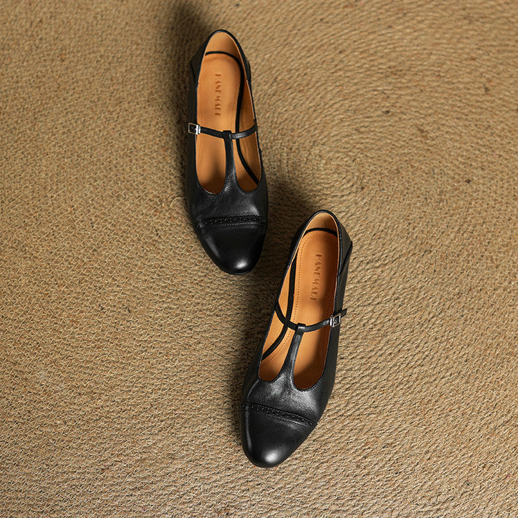 Women's T-Strap Leather Ballet Flats — Ellen Cushioned Buckle Mary Jane