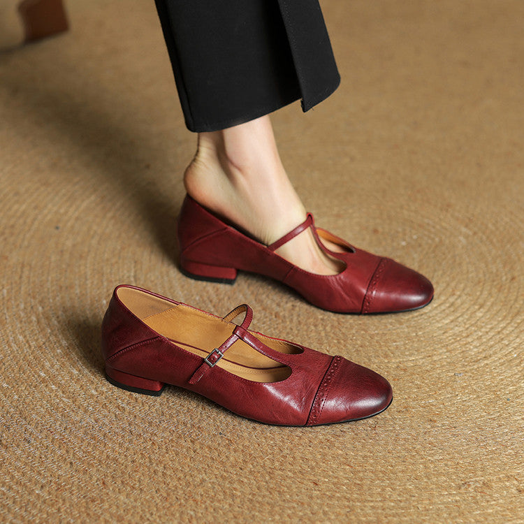 Women's T-Strap Leather Ballet Flats — Ellen Cushioned Buckle Mary Jane
