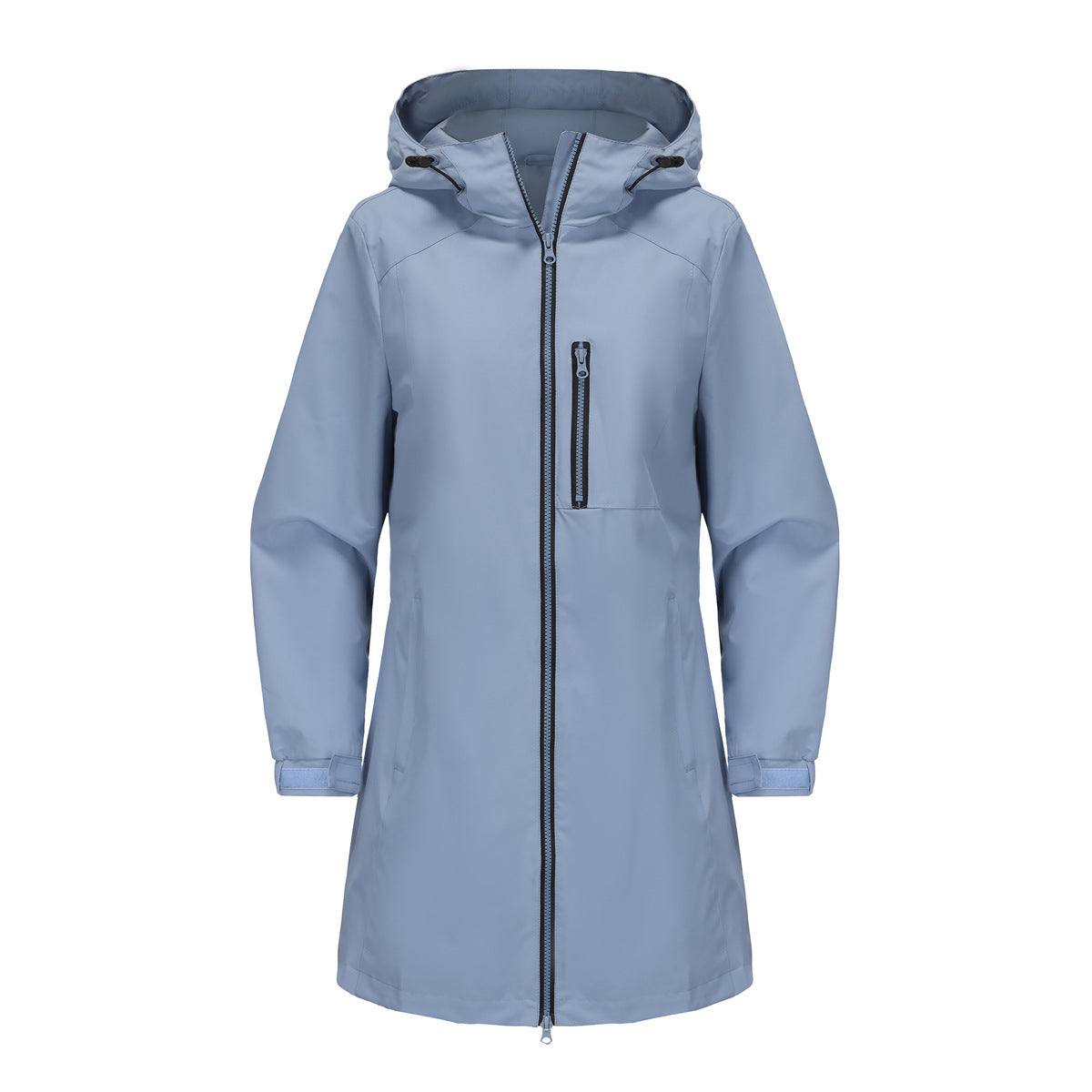 Light Blue Blue Women's Raincoat with Hood — Aurora Water-Resistant Two-Way Zip Longline