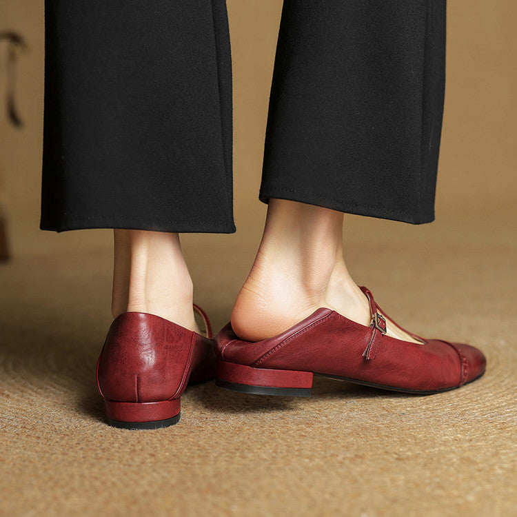 Women's T-Strap Leather Ballet Flats — Ellen Cushioned Buckle Mary Jane