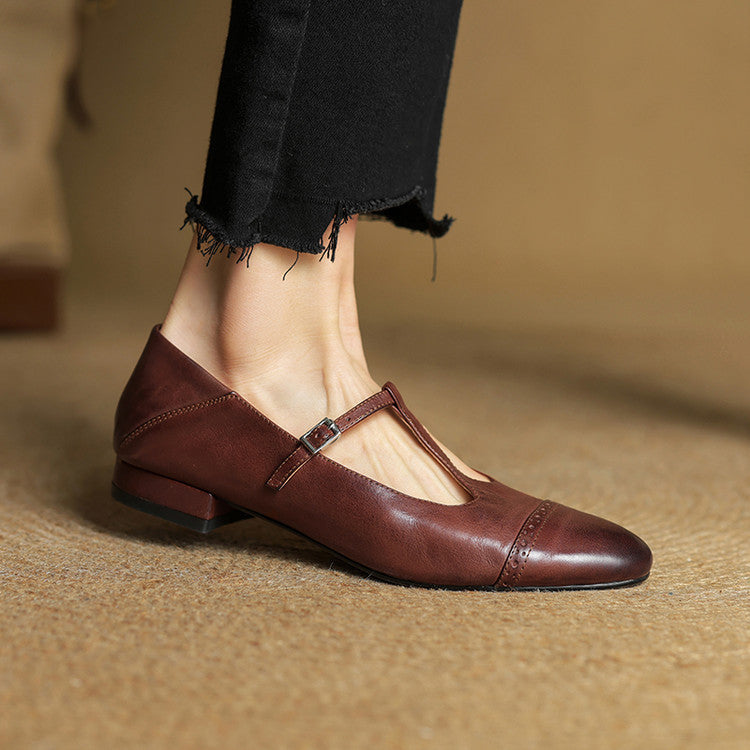 Women's T-Strap Leather Ballet Flats — Ellen Cushioned Buckle Mary Jane