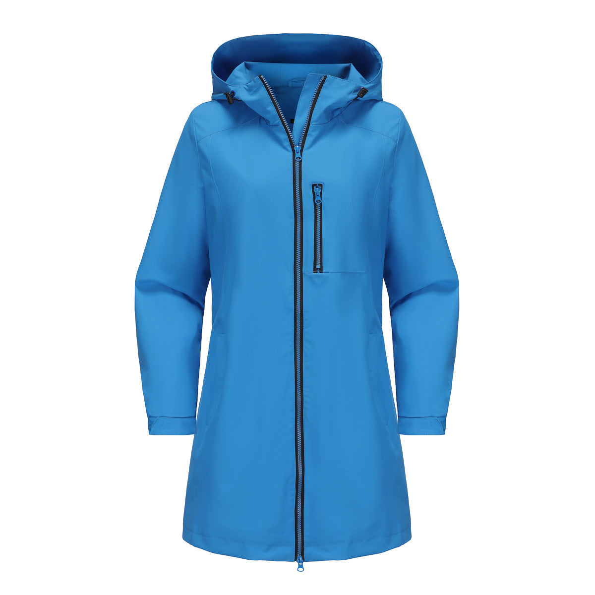 Dark Blue Women's Raincoat with Hood — Aurora Water-Resistant Two-Way Zip Longline