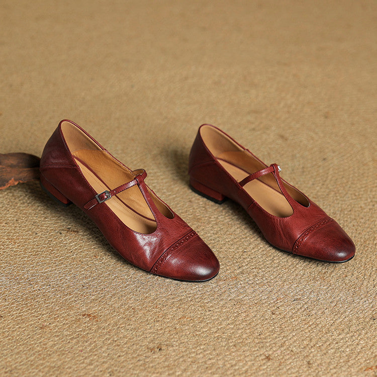 Women's T-Strap Leather Ballet Flats — Ellen Cushioned Buckle Mary Jane