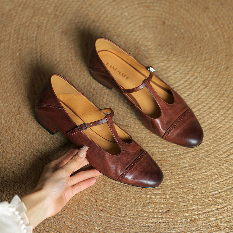 Women's T-Strap Leather Ballet Flats — Ellen Cushioned Buckle Mary Jane
